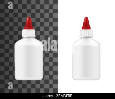 Glue bottle, plastic container with red cap, 3d mockup template. Vector isolated super glue package, office stationery and domestic adhesive tool item Stock Vector