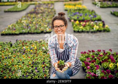 Close up portrait view of attractive charming beautiful florist women crouching while holding one flower in front of large row outside. Stock Photo