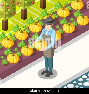 Organic food isometric background with farmer, harvest of pumpkins, garden with apple trees vector illustration Stock Vector