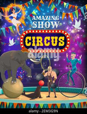 Vintage circus entertainment show, animal tamer and acrobats performance poster. Vector big top circus arena stage, elephant balancing on ball, seal j Stock Vector