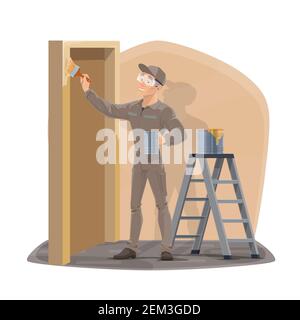 Painter man with paintbrush painting home wall and door. Vector house interior design and renovation service, handyman in uniform and protective glass Stock Vector