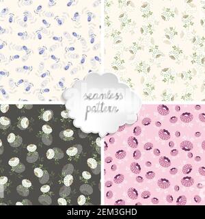 Set of seamless floral patterns based on traditional folk art ornaments. Colorful flowers on light background. Scandinavian style. Vector illustration Stock Vector