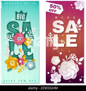 Big sale vertical banners in paper style  with white and colored flowers and percentage discount isolated vector illustration Stock Vector