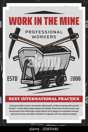 Vector mining and coal extraction industry, cart with extracted black rocks, miners work tools picks. Mining quarry, mine trolley on rails. Retro whee Stock Vector