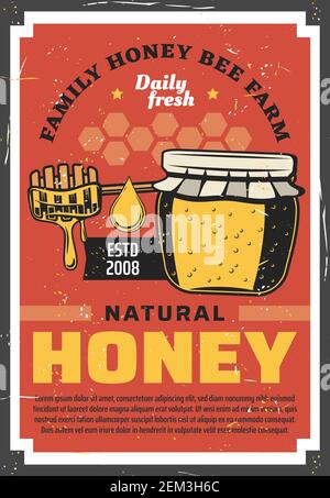 Natural honey, family beekeeping farm vintage retro poster. Vector organic honey production apiculture, honey in glass jar, dipping spoon and honeycom Stock Vector