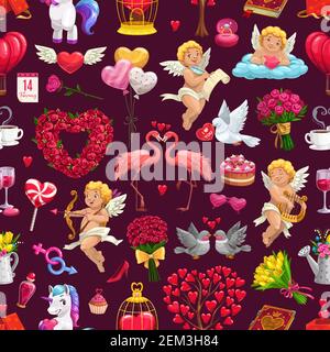 Valentines day or February 14 day of love seamless pattern. Vector heart shape wreath of roses, pink flamingo lovers and unicorn. Golden cage with hea Stock Vector