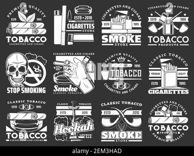 Cigars, cigarettes and premium quality tobacco products icons. Vector tobacco smoking shop, hookah and shisha bar, cigar cutters, lighters and matches Stock Vector
