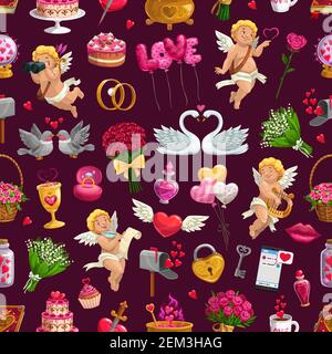Valentines day seamless pattern with holiday attributes. Vector cupid with bow, binoculars and harp, wedding rings and flower bouquets. February 14 me Stock Vector