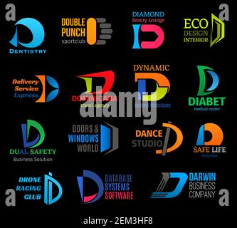 Letter D corporate identity icons. Business and medicine, sport and dentistry, database and design, delivery and traveling. Building goods and dancing Stock Vector