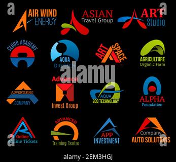 A letter icons for business of abstract design. Air and asian, art and academy, aqua and agriculture, advertising and advance, alpha and airline. Adva Stock Vector