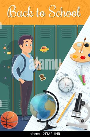 Back to school vector design of cartoon student and education supplies. Boy standing near school lockers, backpack and pencil, globe, alarm clock and Stock Vector