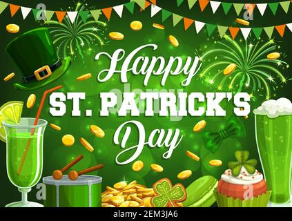 Happy St. Patricks day, celebration of Irish spring holiday 17 march. Vector food and drinks, beer and cocktails, gingerbread cookies. Fireworks and l Stock Vector