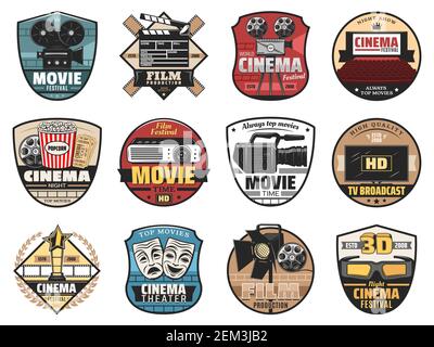 movie, film and cinema vector icons. Film production studio, movie festival, night cinema premier, TV broadcast, HD video camera, clapperboard, projec Stock Vector
