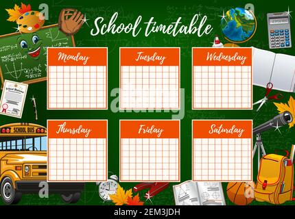 School timetable on green chalkboard, student classes week schedule checkered paper. Vector school timetable in education supplies, pencils and notebo Stock Vector