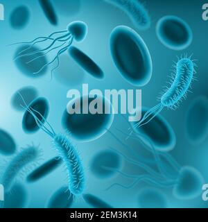 Bacterias, viruses and germs with blood cells 3d vector seamless pattern. Microbiology science and medicine background with harmful microorganisms and Stock Vector