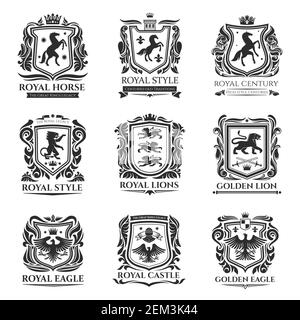 Lion, eagle, griffin and pegasus heraldic icons. Heraldic shield