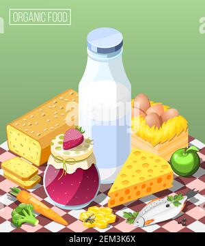 Organic food isometric composition on green background with dairy products, bread, eggs, jam and honey vector illustration Stock Vector