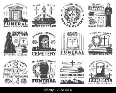 Funeral service icons with coffins and cemetery tombstones vector design of burial, cremation and interment memorial ceremony. Urn, Bibles and flower Stock Vector