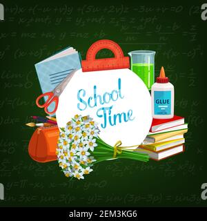 Back to School, education season poster with student classes supplies. Vector green chalkboard with algebra or mathematics formula, pencils and waterc Stock Vector
