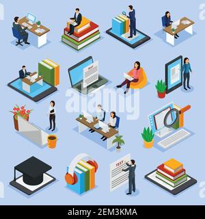 Online education isometric icons with distance lecture, audio books, computer test, electronic library, isolated vector illustration Stock Vector