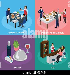 Catering service concept 4 isometric icons square with banquet buffet bar engagement romantic dinner isolated vector illustration Stock Vector