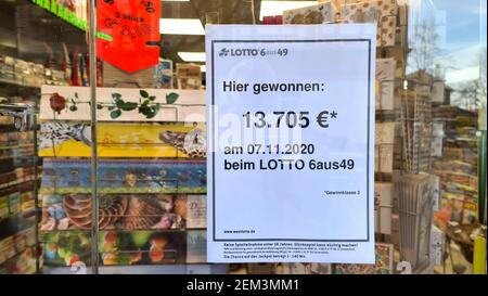 notice of lottery win at a lottery outlet, Germany Stock Photo