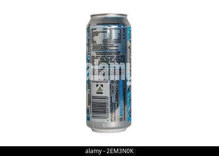 Silver blue Rockstar Energy Drink can with Frozen Raspberry flavor taste on a white background isolated Stock Photo