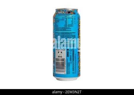 Blue Rockstar Energy Drink can with El Mango juice flavor taste on clean white background isolated Stock Photo