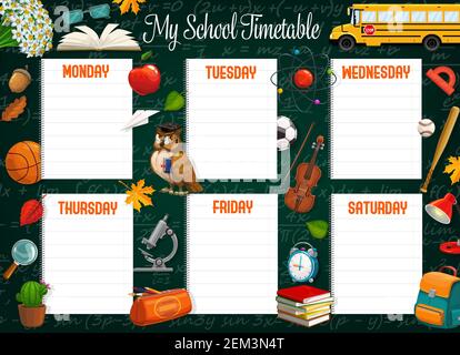 School timetable or schedule of student lessons vector template on blackboard. Weekly plan on empty notebook paper sheets with books, school bus and b Stock Vector