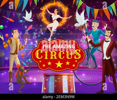 Circus show poster with acrobats and animal trainer performing on arena ...