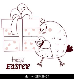 Happy Easter decorative card. Easter cute chicken with big gift box with ribbon. Vector drawing, line. For design, decor, print, holiday cards and Stock Vector