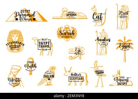 Egyptian vector travel icons. Pyramid of Cheops, Sphinx Giza, egyptian cat, priest. Tutankhamun and Scarab, Anubis and palms, ancient Horus and Hathor Stock Vector