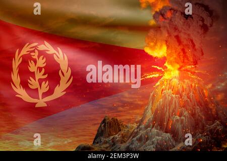 conical volcano blast eruption at night with explosion on Eritrea flag background, troubles because of natural disaster and volcanic ash concept - 3D Stock Photo