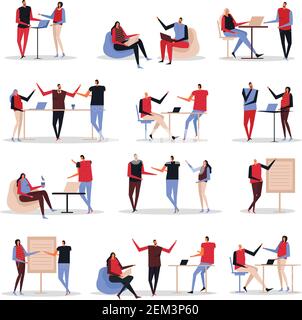 Coworking creative team characters collection with office space sharing project presentation coffee break discussions isolated vector illustration Stock Vector