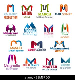 Corporate identity letter M business icons. Vector production and media, building, mail and development, technology. Mechanic and ecology, travel, bea Stock Vector