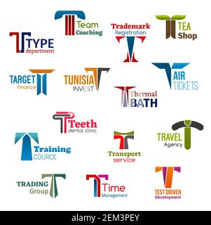 Corporate identity letter T business icons. Vector typography and coaching, registration, drink and finance, health, transportation and dentistry. Edu Stock Vector