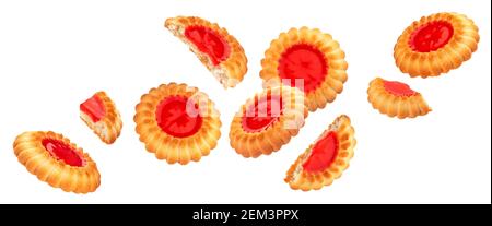 Falling cookies with red berry jam filling isolated on white background Stock Photo