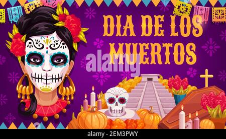 Mexican traditional religious holiday or Day of Dead. Vector woman in calavera skull painting, Aztec pyramid or altar and coffin with Dia de los Muert Stock Vector