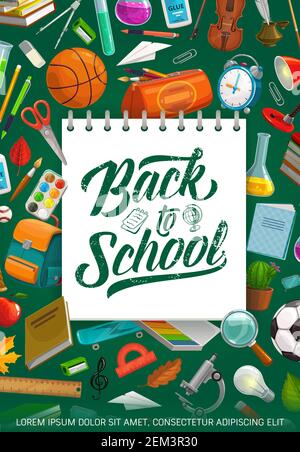 Back to school grunge lettering on paper notebook and stationery tools backdrop. Vector time to study, clock and lamp, exercise book, microscope. Foot Stock Vector