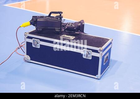 Black suitcase for professional video camera and audio equipment on the floor Stock Photo