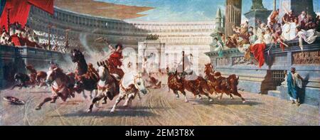 An illustration entitled Roman chariot race at the Circus Maximus showing a chariot race with quadriga or four horse chariots in a Roman stadium or circus dated 1882 and painted by Alexander von Wagner