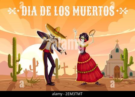 Day of the Dead mexican holiday dancing skeletons in sombrero. Dia de los Muertos religion festival skull and Catrina playing violin and tambourin on Stock Vector