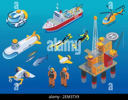 Underwater depths research isometric icons with scientific station, divers, ship, submarine and unmanned equipment isolated vector illustration Stock Vector