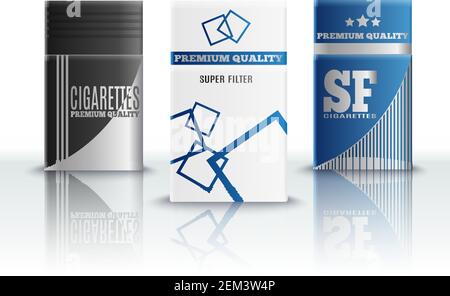 Premium quality cigarettes stylish hard packs design realistic set of 3 on reflective surface 3d vector illustration Stock Vector