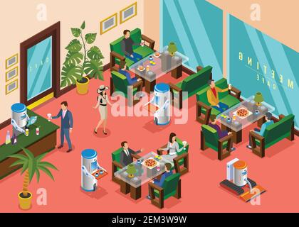 Isometric colored robotic restaurant composition hall with visitors serviced by robots waiters vector illustration Stock Vector