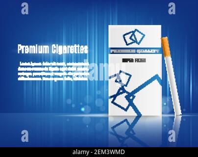 Premium cigarettes realistic composition advertisement poster with hard pack on sea blue reflective surface and background vector illustration Stock Vector