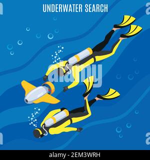 Divers with unmanned equipment during underwater search on blue background with bubbles isometric vector illustration Stock Vector
