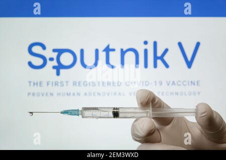 Sputnik V is the first registered covid-19 vaccine. January 18, 2021, Barnaul, Russia. Stock Photo