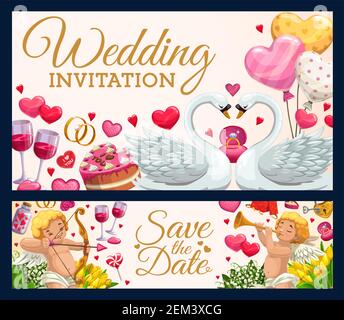 Wedding invitation calligraphy, Save the Date marriage ceremony hearts and cupid angels. Vector wedding rings, flowers and kissing swans, balloon hear Stock Vector