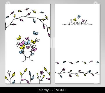 Two sides Womens day greeting card with hand drawn elements. Vector illustraion Stock Vector